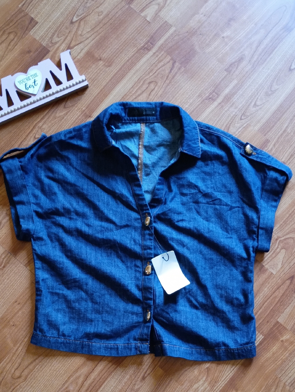 Zara Short-Sleeve Denim Button-Down Shirt Jacket - Blue